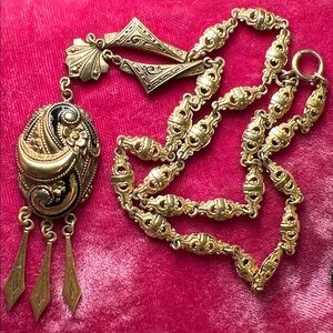 Antique 12k Gold Filled Black Taille d’Epargné Enamel Tassel Pendant Necklace